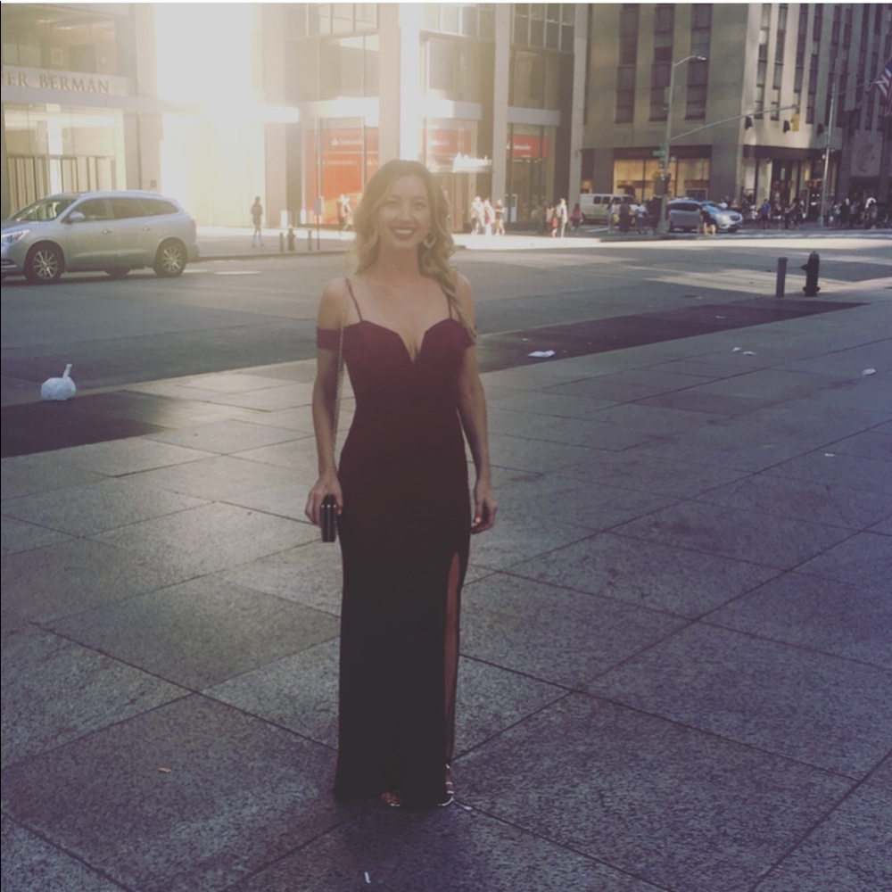 Jodi Kristopher Burgundy Off the Shoulder Dress